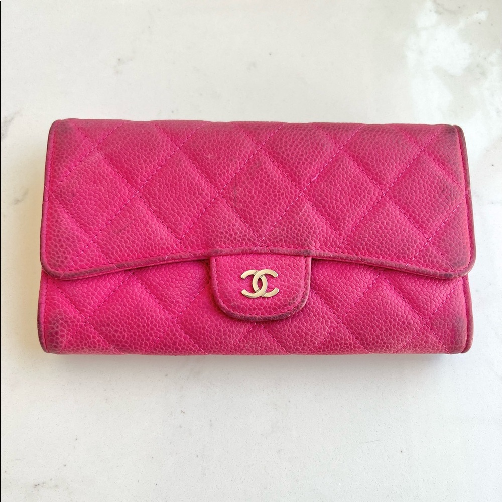 Chanel Bright Pink Classic Flap Quilted Matte Caviar Leather Wallet Clutch WOC